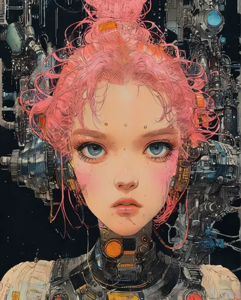 philippe druillet,enki bilal inspired french comics art "full body like，anime girl with pink hair and futuristic costume in the ...