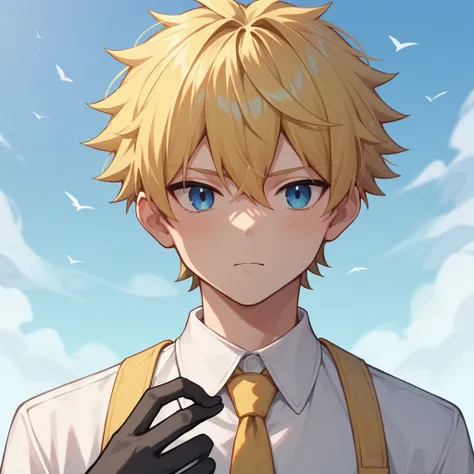 1boy, teenager, fair skin, short yellow hairstyle, sky blue eyes, white long sleeve shirt, yellow tie, black gloves, blue pants, kind expression, anime style, digital art, (white background), icon, slim build