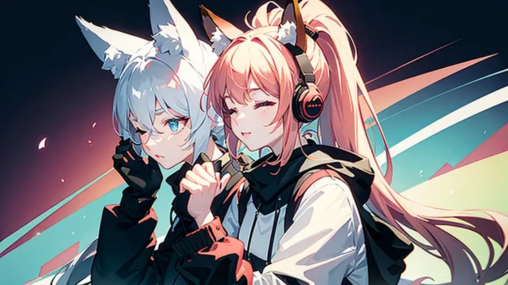 Fox ears head accessory, ponytail hair style, Eyes closed, Headphones, Hands on headphones