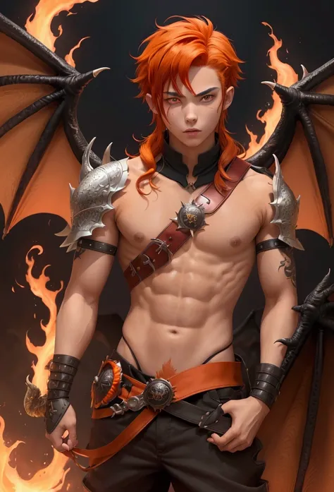 1boy, male, teen, cute face, tan skin, dragon wings, black wings, dragon tail, black tail, dragon horns, fire hair, tangelo hair, orange hair, red hair, fiery hair, fiery mane, fluffy hair, red eyes, cut eyebrow, sexy, skimpy, musclar, knight