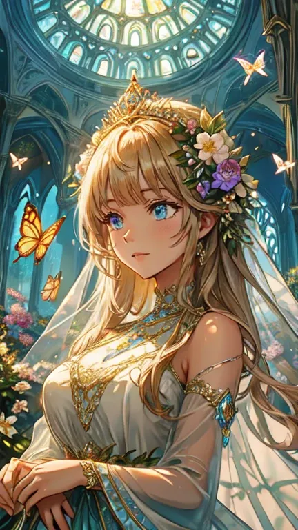 the queen of the light,detailed face,detailed eyes, dressed in a see-through dress, background is fantastic, flower garden, dome, colorful flowers, magical atmosphere, whimsical architecture, sunlight streaming through stained glass, butterflies dancing in...