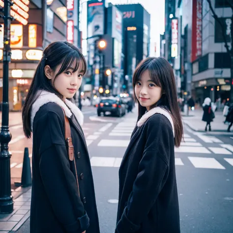 Identical twin sisters、Photorealistic, 8k full body portrait, Beautiful woman, Attractive look, 16 years old, Tokyo, Winters, Shibuya in the background