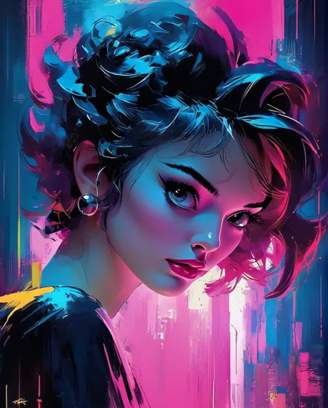 pretty women portrait 1950s poster style, vector-art(cyberpunk) (neon. Art by Fabian Perez, Henry Asensio, Jeremy Mann, Mark Simonetti, Studio Ghibli Genshin Impact