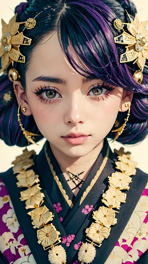 masterpiece, Highest quality, A solemn Japanese-style room with tatami mats, A large photograph of a woman from head to waist, (Close up on face:1.5), (Punk rock kimono, black地に赤＋gold:1.3), (black＋Purple hair color, Mid-length hair, Bun Hair), (blackい瞳, Sp...