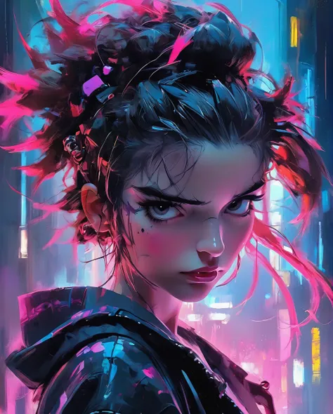 (best quality, masterpiece), 1girl, cyberpunk, sweatshirt, neon, cloudy sky, (cartoon:1.5). Art by Fabian Perez, Henry Asensio, Jeremy Mann, Mark Simonetti, Studio Ghibli Genshin Impact