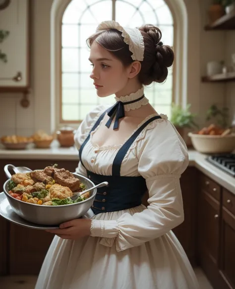 a woman cook mixture is stuffed into the natural casing of the small intestine of the pig Victorian cuisine