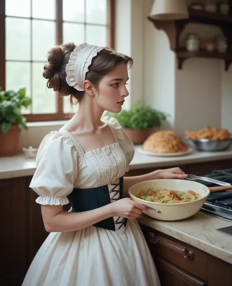 a woman cook mixture is stuffed into the natural casing of the small intestine of the pig Victorian cuisine