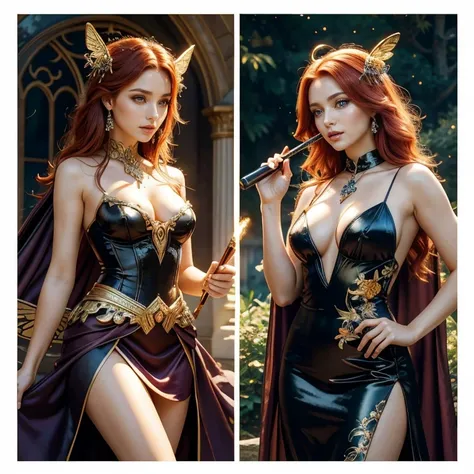 (​masterpiece, best quality:1.5), highest quality, High resolution, super detailed, Realists, Upper body photo of a red-haired sorceress, detailed and beautiful eyes, beautiful detailed lips, very detailed eyes and face, longeyelashes, shiny satin dress, H...