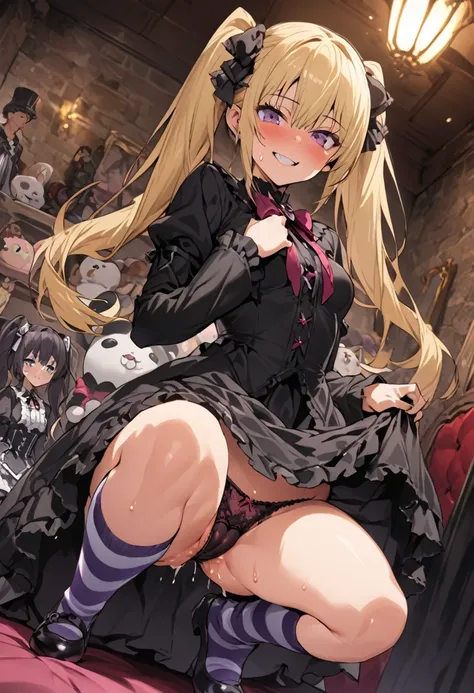 Ultra-high definition image quality、beautiful girl、high school girl、One Man、18-year-old、Twin tails、 Body Type、Striped knee socks、Devilish smile、Gothic Lolita Fashion、blonde、Big ribbon、Gothic Lolita Room、a large number of stuffed animals、Highest quality, Sm...