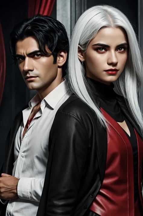 Cover of a novel where there is a man with jet black hair and black eyes next to a girl with white hair and blood red eyes 