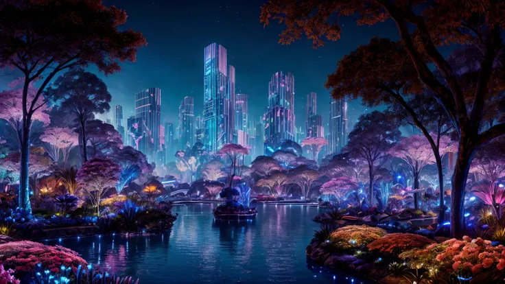 A fantasy kingdom in the midst of Floating mountains similar to the world of Pandora from Avatar, at night, with floral flowers and trees all over the city, falling colourful flowers and blooms, with multiple huge statues in the middle of the city, cinemat...