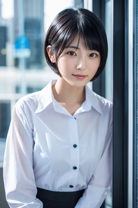 Highest quality,High quality,Realistic,28-year-old Japanese woman,Model-like body,Black Hair,Very Short Hair,older sister,A depiction that shows the whole body,Office Lady