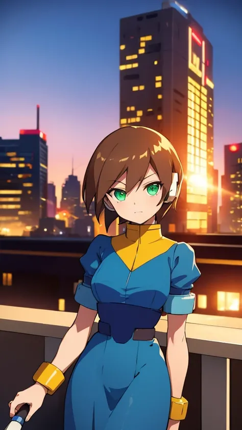 Aile_megamanzx, Green eyes , Brown hair, retro city background, Evening Dress