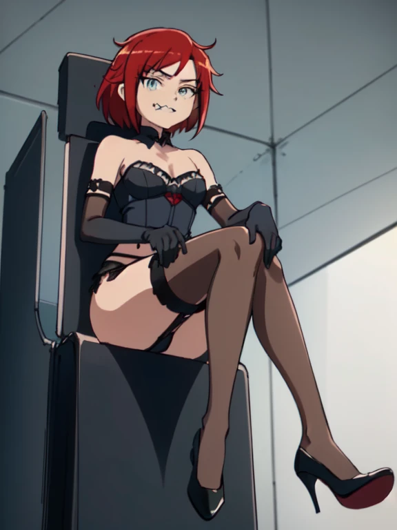 ((Highest quality)), ((masterpiece)), (detailed), prison, One girl, ((bare shoulders)), ((black bustier)), ((black stockings)), ((black g-string)), ((black high heels)), ((black garter belt)), ((black elbow gloves)), ((chair)), ((female sitting in a chair)...