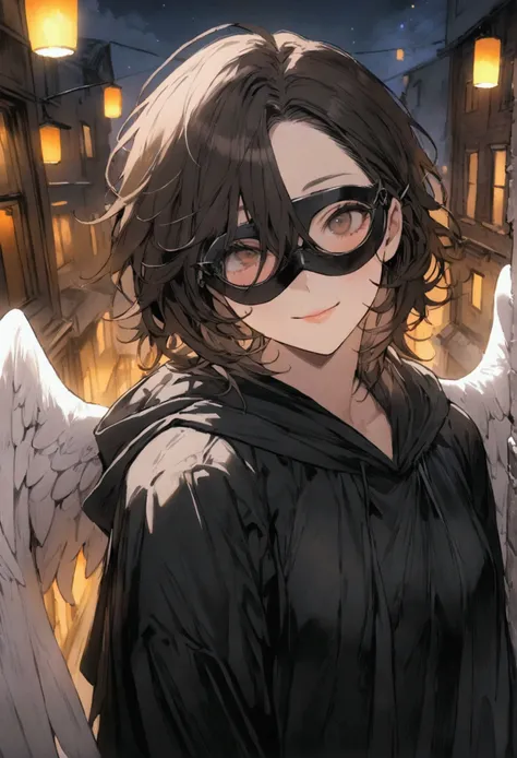 ((Best Quality)), ((masterpiece)), (detailed) a woman with brown curly hair, with brown eyes with a hero costume complete with a gray and black hood and a mask resembling a bird covering his eyes, you have sharp gray and white wings , He is on top of a bui...