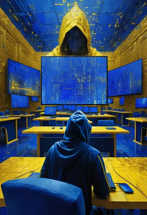 Hacker mysterious man with back and hooded, surrounded by tables and screens in a huge room seen in 3/4, screens with programming code, coding screen, royal blue, golden yellow, blue and yellow painting with high relief texture, 4D, 8k, high tech, futurist...