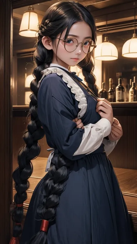 Large round lens glasses、Indigo long hair in braids、Night Bar、Classic maid outfit、Anti-tank guns in both hands、woman、The pupils are invisible due to the reflection of light.、Yuan Junjun、