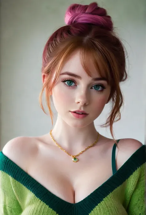 Low quality, wrong lights, wrong exposition, amateur selfie of an eye contact of a redhead young girl with hair in a bun, green colored eyes, ((Karen Gillan)) 18 years old, flirting with the camera, necklace, Off The Shoulder sweater, colorful sweater, top...