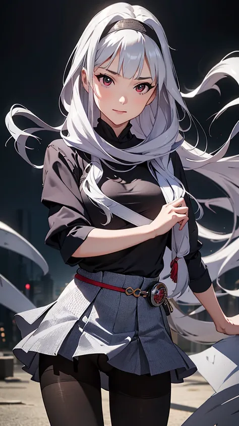 CG, Unity, 8k, wallpaper, Highest quality, masterpiece, Lovely lady, 18-year-old, Gray Hair, White skin, break, Ninja Costume, (pantyhose:1.3), (Realistic:1.2), Best lighting, Complex pupil, Intricate weaving, Detailed Background,