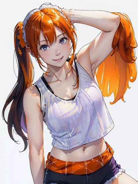 (((Pure white wall background、oil、masterpiece、Highest quality、High resolution)))、(((orange long hair)))、orange long hair、smile、(((White and purple gingham plaid tank top)))、(((Black hot pants)))、Frame In、A happy look、Sweaty skin、Side Ponytail、Scrunchie