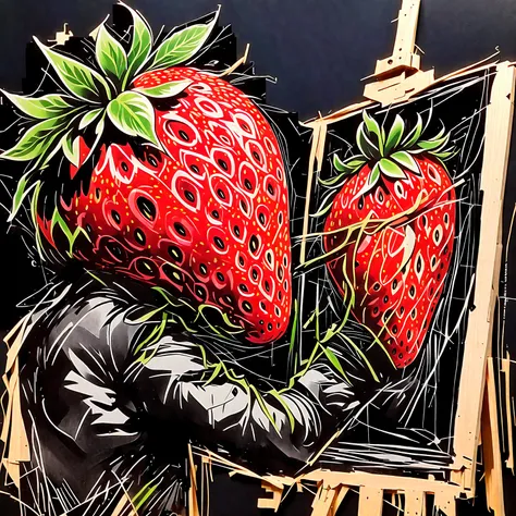 strawberry artist: a strawberry painting a masterpiece on a canvas. 🍓🎨, the sketch uses angular and expressive lines in an incom...