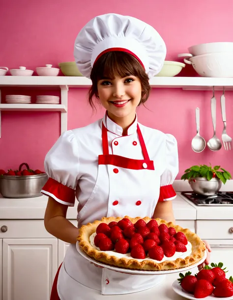 A cute woman (age 25, cute chef outfit) presenting a strawberry pie to the viewer, nice kitchen