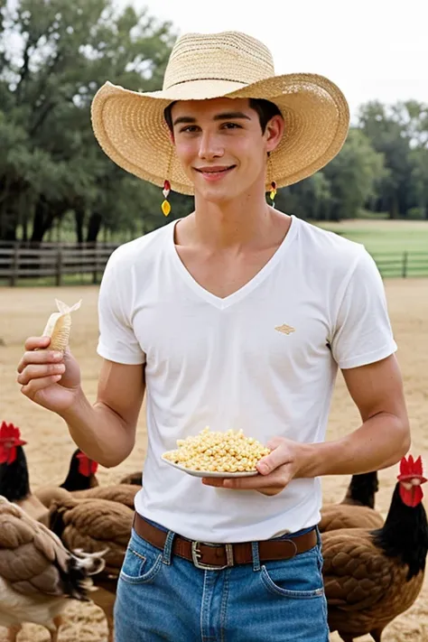 Young handsome cute beautiful skinny white face shirtless winged his grandmother humble ranch hat feeding corn to many chickens 