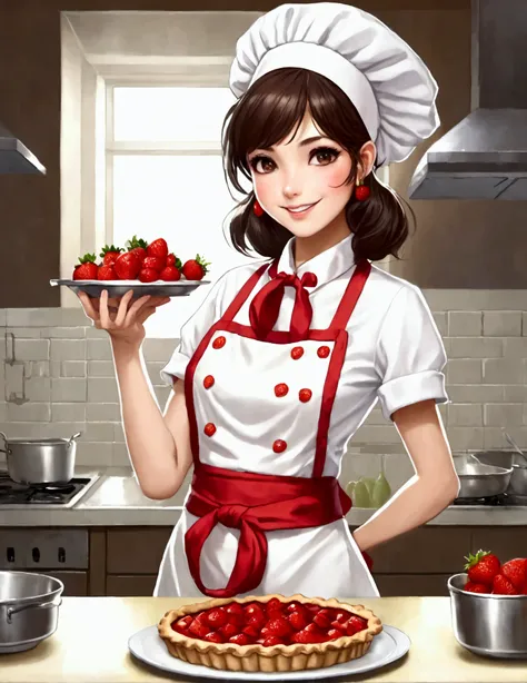 A cute woman (age 25, cute chef outfit) presenting a strawberry pie to the viewer, nice kitchen
