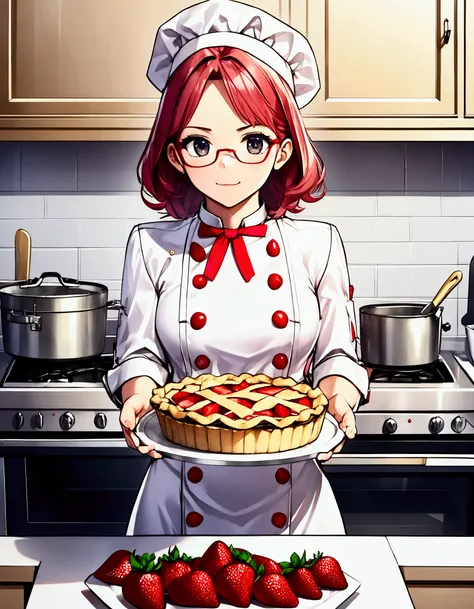 A cute woman (age 25, cute chef outfit) presenting a strawberry pie to the viewer, nice kitchen
