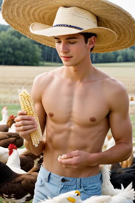 Young handsome cute beautiful skinny white face shirtless winged his grandmother humble ranch hat feeding corn to many chickens 