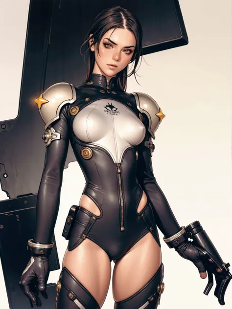 (((Annie Lennox))), ((( combat suit ))), (((bandaged arms))), ((high collar)), ((black and yellow suit))), (((best qualityer: 1.4))), (Unbeatable masterpiece), (hiper HD),(CG 8k hyper-realistic), (((brave face))), (((breasts big))), (((hyper feminine))), s...