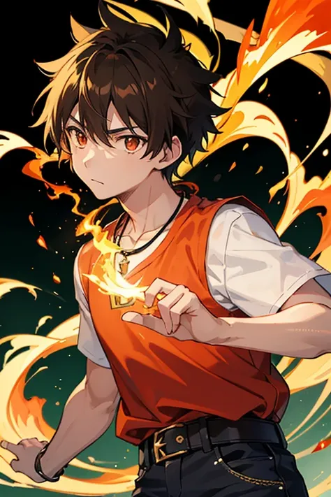 Taiga Akatora from Camp Buddy, boy, 16 years old, spiky brown hair with yellow flame-shaped highlights and red eyes black shirt with green stripe, necklace with gold cross, blue jeans, light black belt, profile looking directly at viewer, White background.