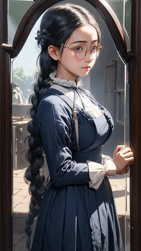 Large round lens glasses、Long indigo hair braided、Tavern、Edwardian maid outfit、Anti-tank guns in both hands、woman、The pupils are invisible due to the reflection of light.、Yuan Junjun、Reflected light glasses