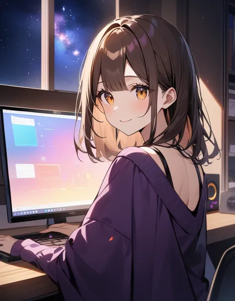 (Highest quality)(masterpiece)(８K)、Alone in a private room、DJ Streamer、Brown Hair、20-year-old、Stand at the computer、Upper Body、Jewel-like purple、smile、Slender、You can see the starry sky from the window