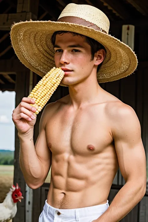 Young handsome cute beautiful skinny white face shirtless winged his grandmother humble ranch hat feeding corn to many gin hens 