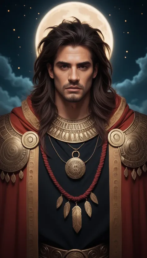 "Create an image of a man inspired by the zodiac sign Leo. He should have a wild and mystical appearance, with an imposing and regal posture. His expression should convey both fierce strength and enigmatic wisdom. The man should have thick, voluminous hair...