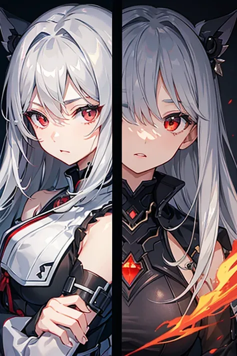 High resolution, detail, 高いdetail, Shortcuts, Gray Hair, Grey Hair, Silver Hair, chest, Open your mouth, Red eyes, Multiview, accessories, Illustration, Anime Style, Character Design, Overall view、girl、