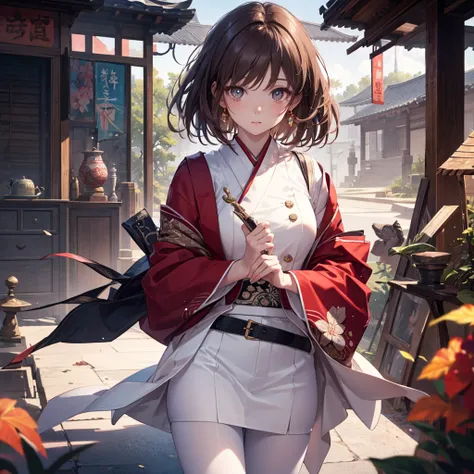 CG, Unity, 8k, wallpaper, Highest quality, masterpiece, Lovely lady, 18-year-old, Brown hair short cut, White skin, break, White long haori、 (pantyhose:1.3), (Realistic:1.2), Best lighting, Complex pupil, Intricate weaving, Detailed Background,professor,sc...