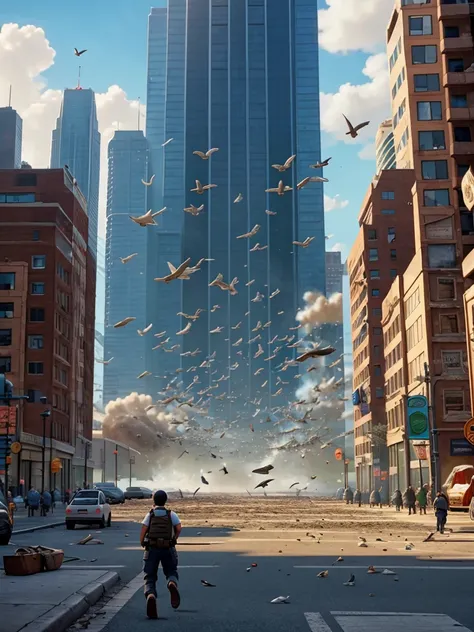 A large city being attacked by birds of all types and sizes while civilians run and explosions happen