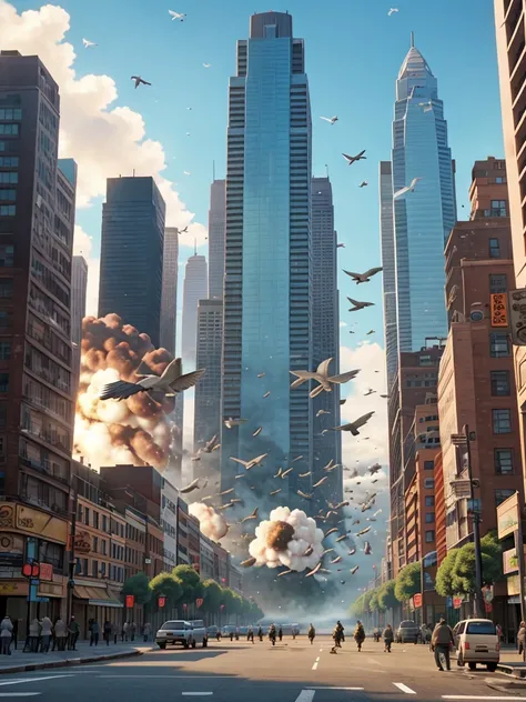 A large city being attacked by birds of all types and sizes while civilians run and explosions happen