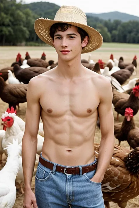 Young handsome cute beautiful skinny white face shirtless winged his grandmother humble ranch hat feeding corn to many chickens ,specific