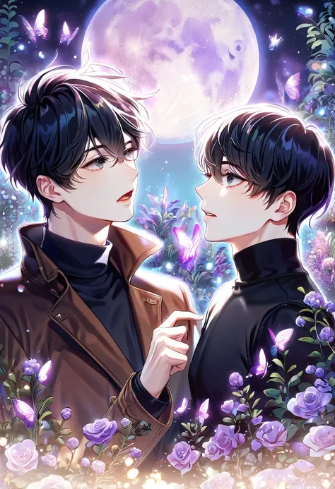 (absurdres, highres, ultra detailed, HDR) master piece, best quality, extremely detailed, delicated features, Han Yoohyun, black hair, messy hair, expressive gray eyes, The S-Classes That I Raised, Han Yoojin, two sexy mrn together, gay couple, yaoi, hands...