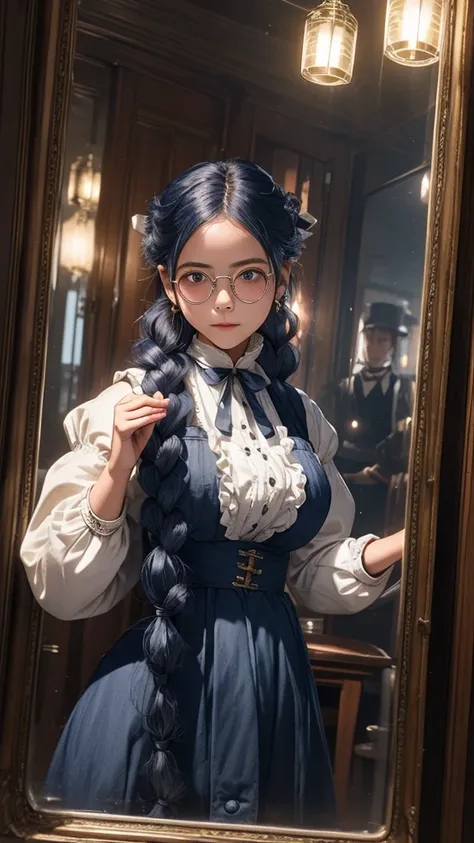 Large round lens glasses、Long indigo hair braided、Tavern、Edwardian maid outfit、Handgun in one hand、woman、The pupils are invisible due to the reflection of light.、Yuan Junjun、Reflected light glasses、年増woman、adult、Luxury House