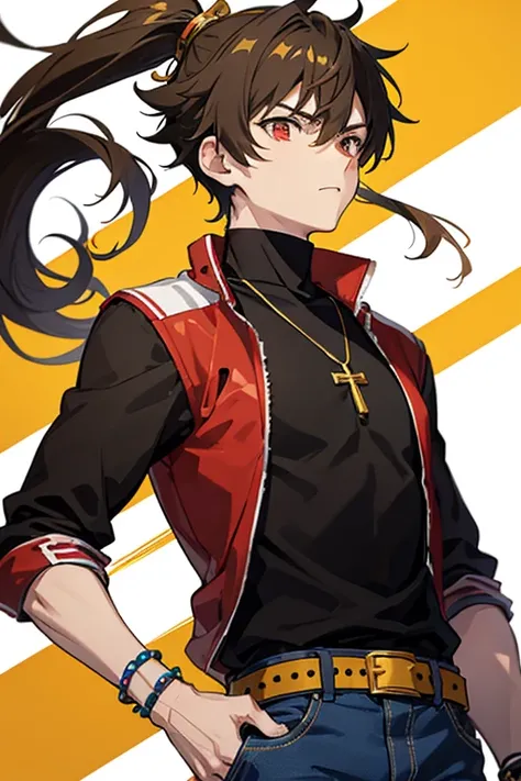 Taiga Akatora from Camp Buddy, boy, 16 years old, spiky brown hair with yellow highlights and red eyes, black shirt with green stripe, gold cross necklace, blue jeans, light black belt, profile looking directly at viewer, white background. .