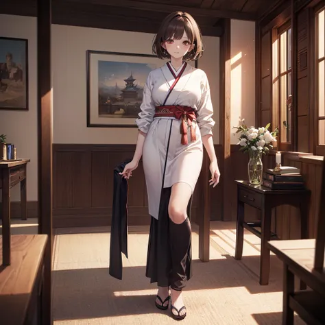 CG, Unity, 8k, wallpaper, Highest quality, masterpiece, Lovely lady, 18-year-old, Brown hair short cut, White skin, White long haori, (Realistic:1.2), Best lighting, Complex pupil, Intricate weaving,professor,scholar,(full body,View your viewers:1.3)