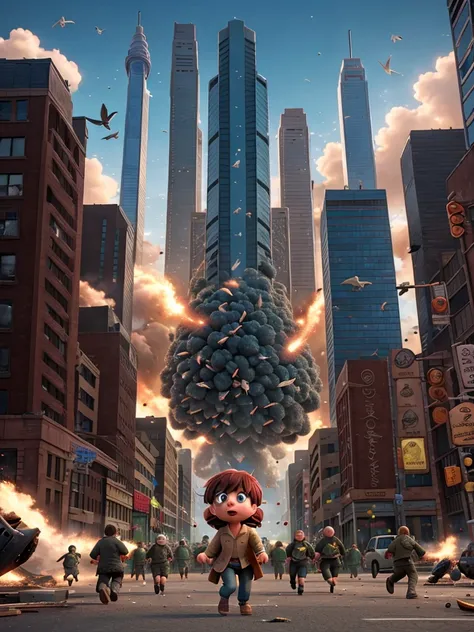 A city being attacked by birds of all types and sizes while civilians run and explosions happen, with a person crying in the center of the image 