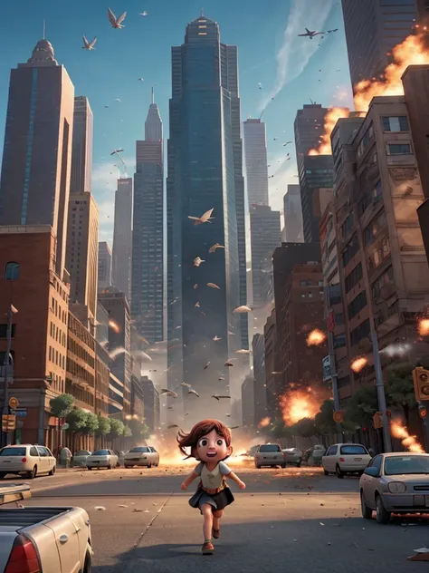 A city being attacked by birds of all types and sizes while civilians run and explosions happen, with a person crying in the center of the image 