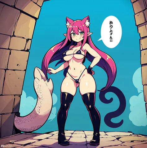 a pixel cat girl is standing with its eyes open and smiling at the camera with an octopus like tail on her body, on a wall chained in a stone prison pretty ragged anime characters together over one another over the top of them a hard light blushing lewd fa...