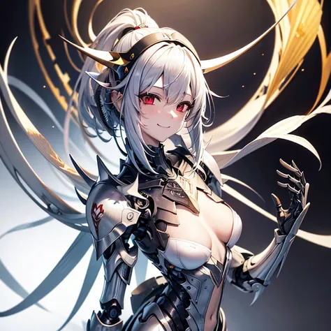 chest, High resolution, gauze, smile, Shortcuts, bangs, Red eyes, Headpiece, Bangs between the eyes, Headband, Horns of the beast, multiview, Decorative art, masterpiece, accurate, Anatomically correct, 最high quality, High resolution, High detail, High-res...