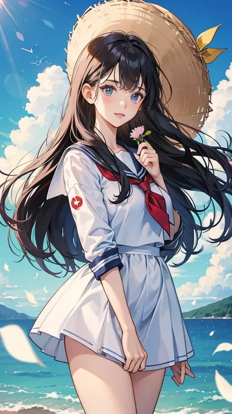 Girl holding flowers,hight detail, Higher quality, perfection , Sailor suit